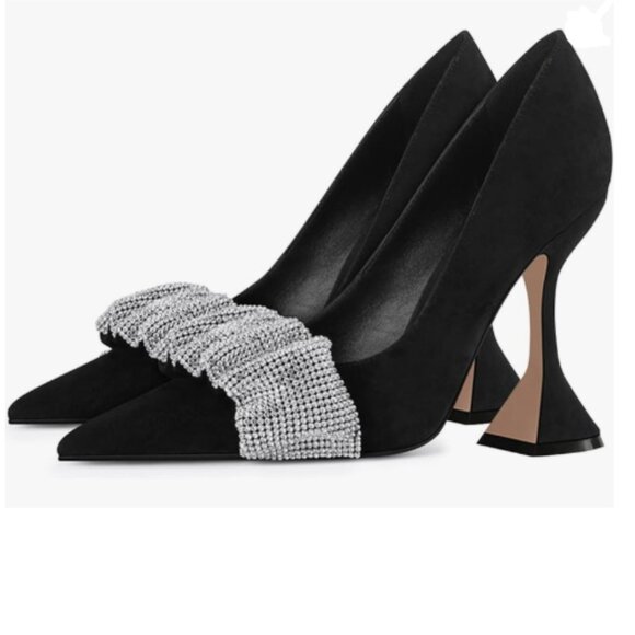 YDN Black Pointed Toe Slip on Pumps Special High Heel Shoe Party Prom Dress Lady - Picture 1 of 8